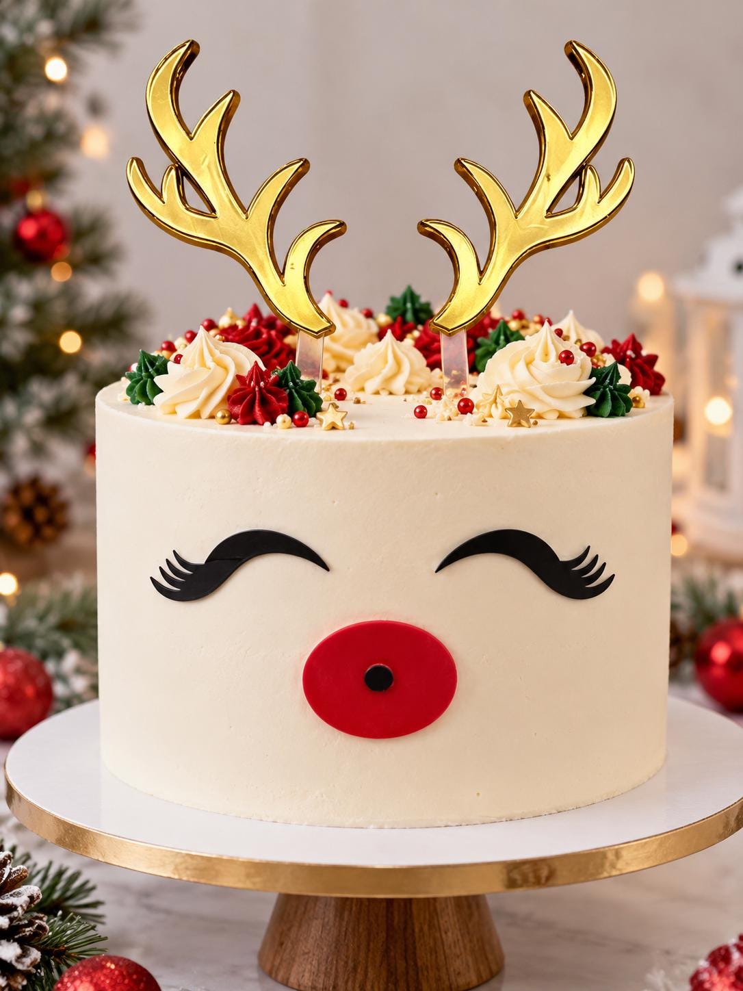 Rudolph Reindeer Christmas Cake Topper Set, Gold Acrylic Antlers, Red Nose & Black Eyes
