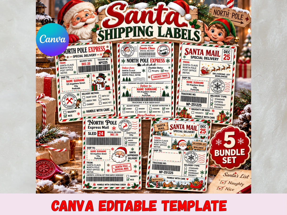 Editable Santa Mail Christmas Shipping Labels, North Pole Postage Stickers (Digital Download)