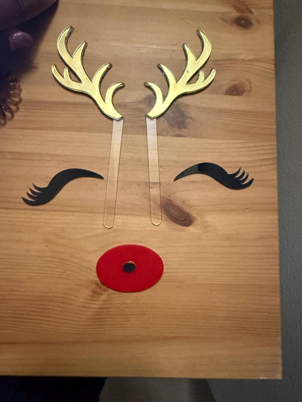 Rudolph Reindeer Christmas Cake Topper Set, Gold Acrylic Antlers, Red Nose & Black Eyes