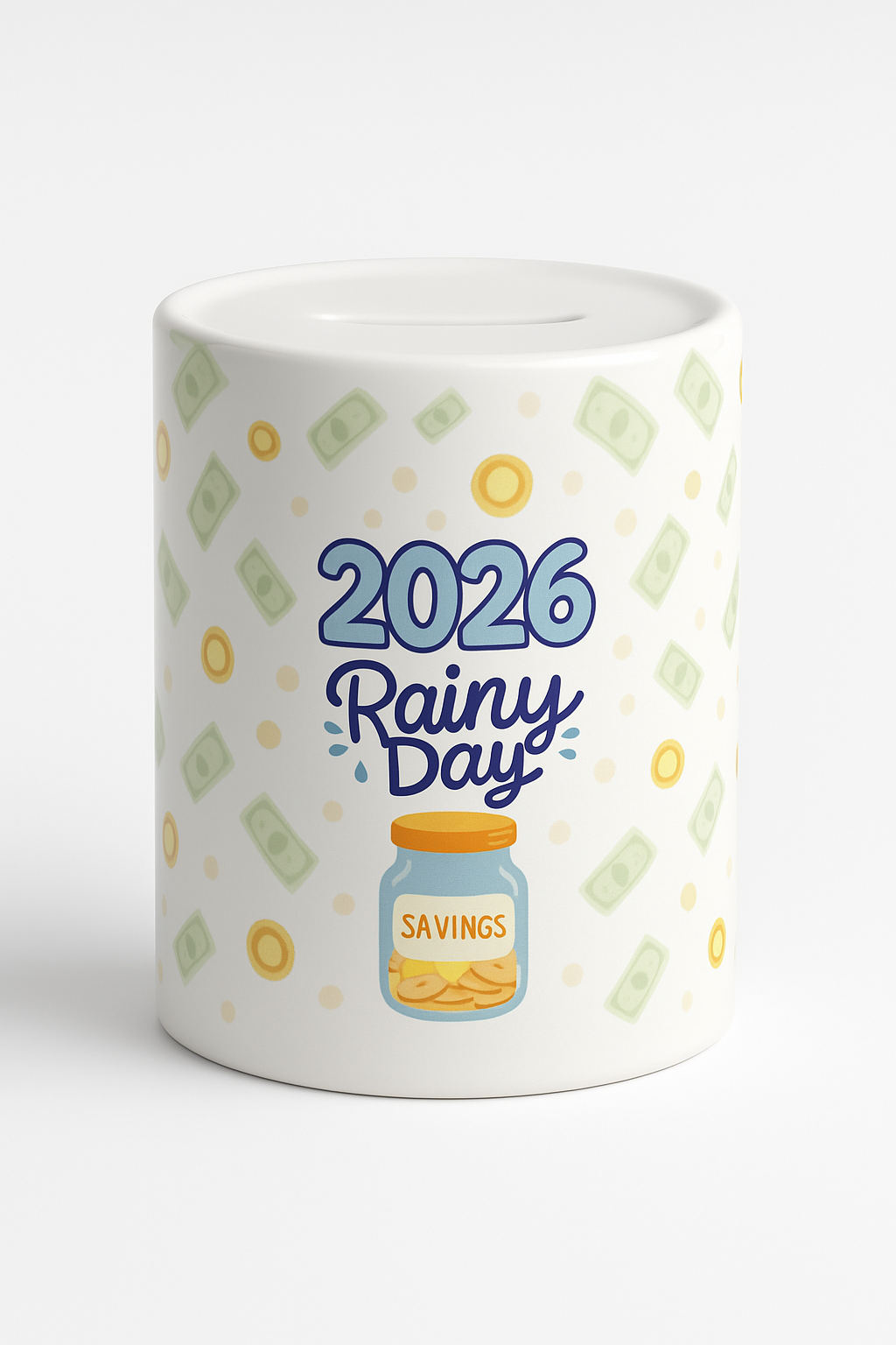 Mug with '2026 Rainy Day Savings' design on a white background