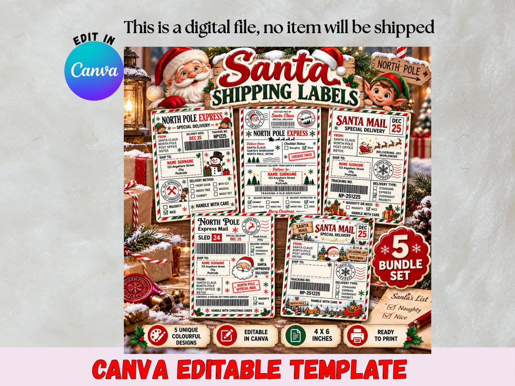 Editable Santa Mail Christmas Shipping Labels, North Pole Postage Stickers (Digital Download)