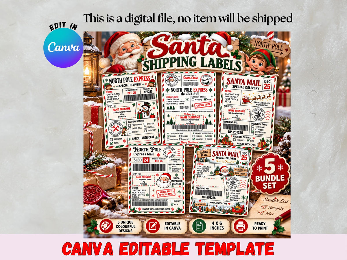 Editable Santa Mail Christmas Shipping Labels, North Pole Postage Stickers (Digital Download)