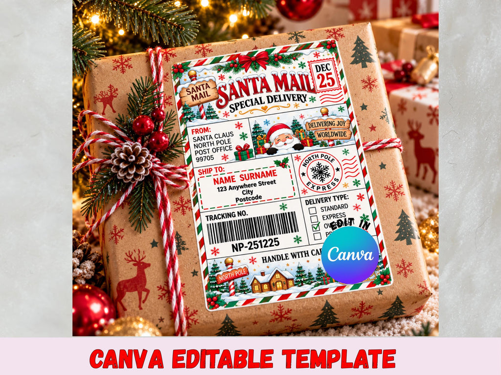 Editable Santa Mail Christmas Shipping Labels, North Pole Postage Stickers (Digital Download)